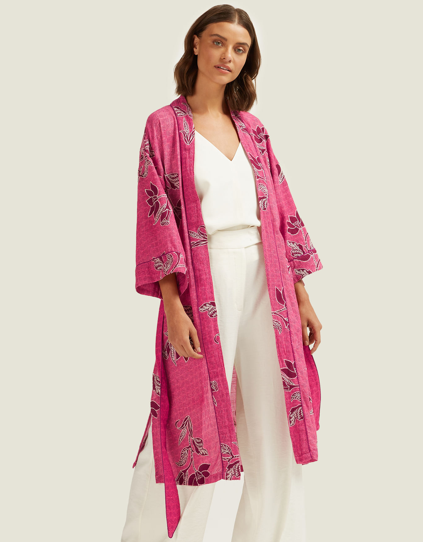 Kimono Cardigan Tule Rendas Bordados Flores Rosa Importado