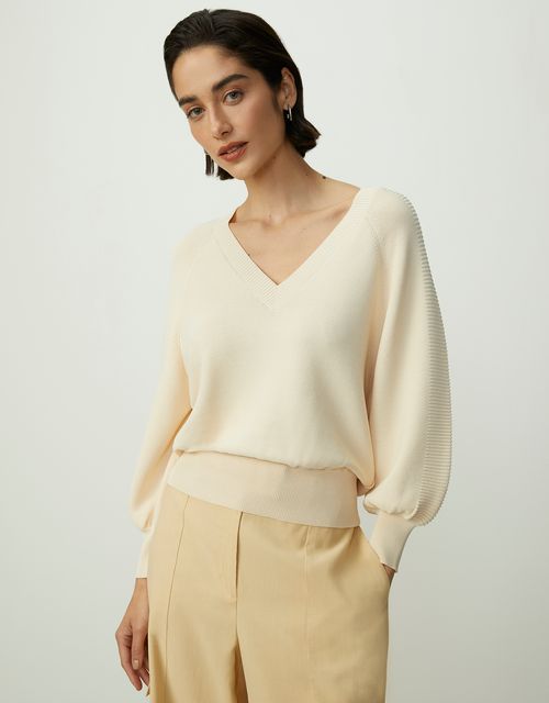 Blusa tricot detalhe canelado areia