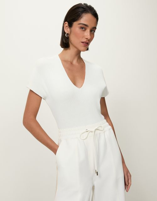 Blusa tricot canelada decote v off white