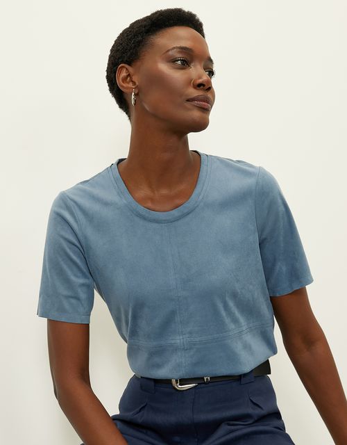 T-shirt suede decote careca azul