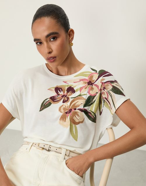 T-shirt flor lateral bordada
