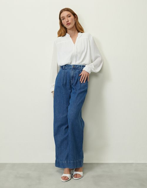 Calça jeans wide pregas