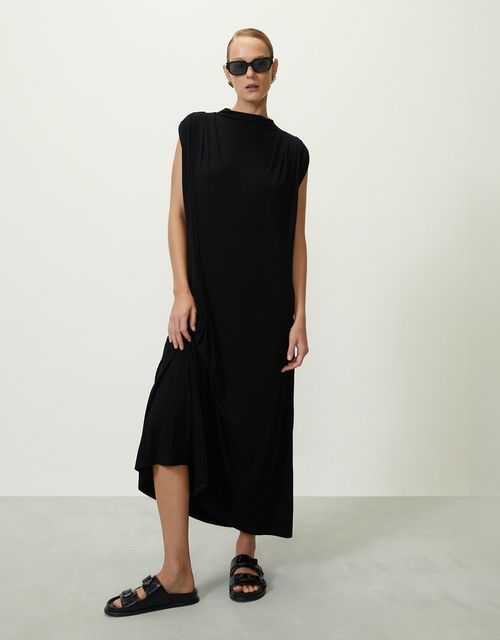 Vestido malha pregas ombro preto