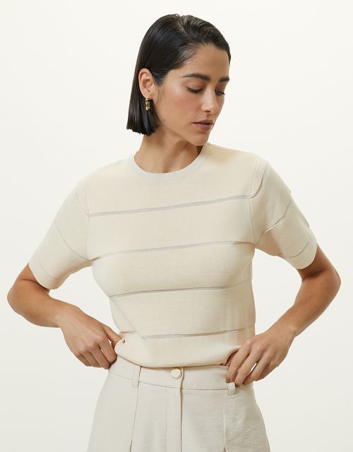 T-shirt tricot detalhe listras areia