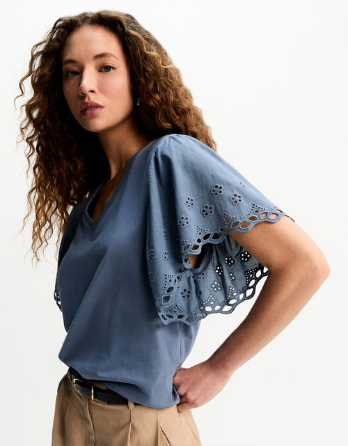 Blusa manga laise decote v azul