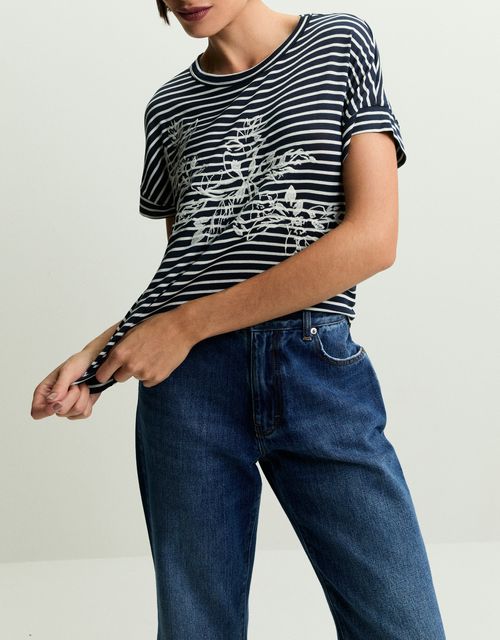 T-shirt listra flor bordado