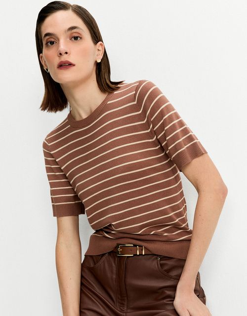 T-shirt tricot básico listrada camel