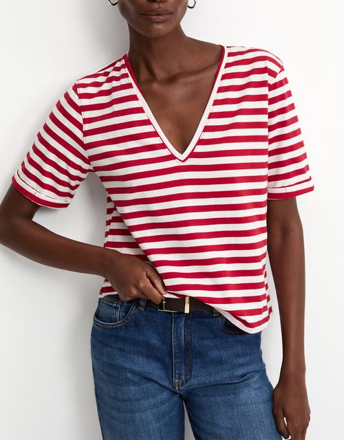 T-shirt listrada decote v