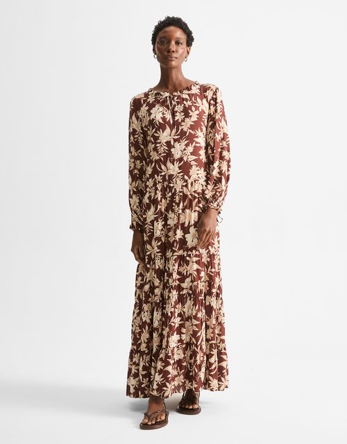 Vestido longo floral conhaque